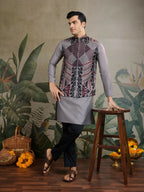 Vastranavya Grey Exclusive Festival Viscose Silk Thread & Swarovski Embroidered Work Mens Wear Kurta & Koti | Grocsy