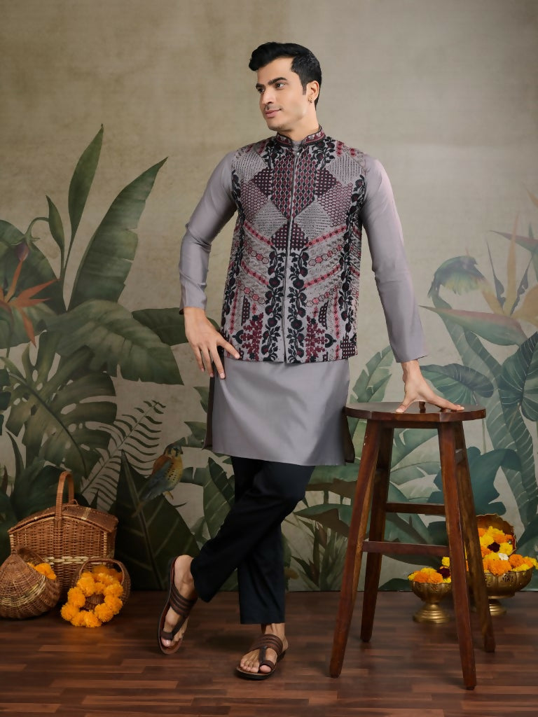 Vastranavya Grey Exclusive Festival Viscose Silk Thread & Swarovski Embroidered Work Mens Wear Kurta & Koti | Grocsy