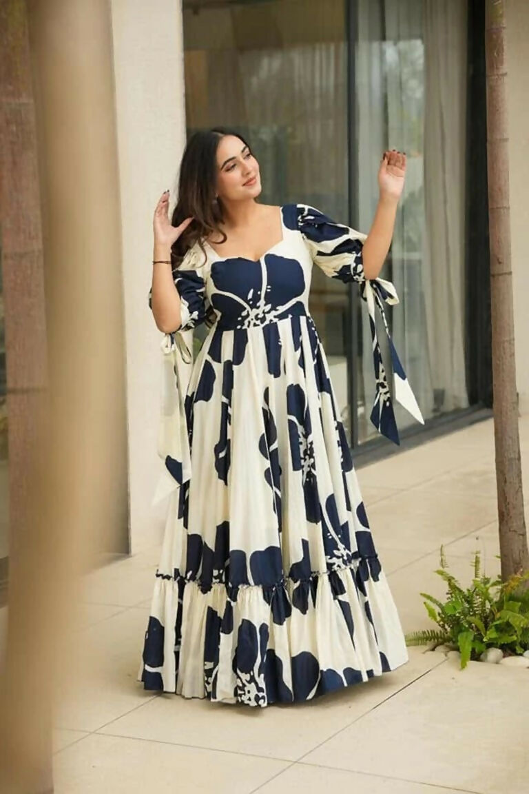 Aayaa Designer Cambric Cotton Printed Full Flaired Gown - Multi Color | Grocsy