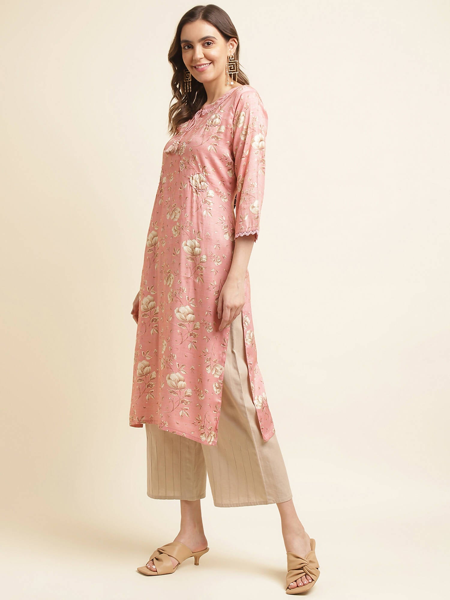 Pink Poly Rayon Floral Printed Straight Kurta - Prasuti | Grocsy