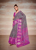 Grey Cotton Floral Printed Saree With Unstitched Blouse Piece - Kathika | Grocsy