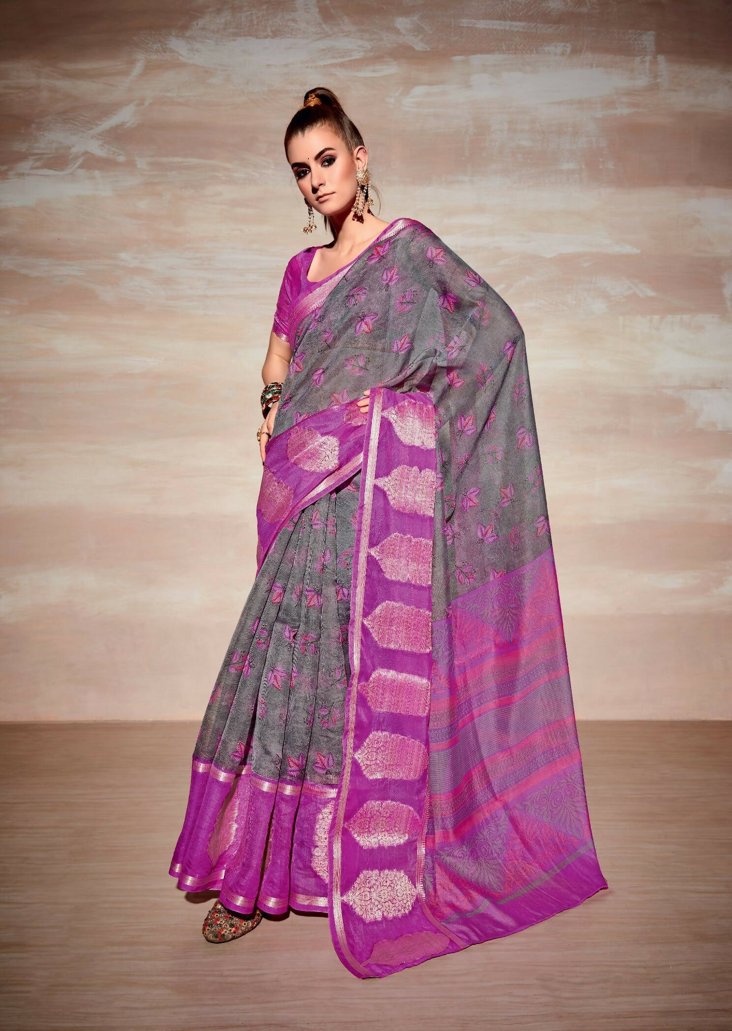 Grey Cotton Floral Printed Saree With Unstitched Blouse Piece - Kathika | Grocsy