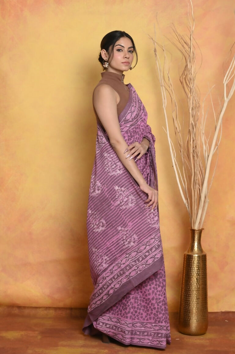 Very Much Indian Handblock Printed Cotton Saree With Natural Dyes - Pink | Grocsy