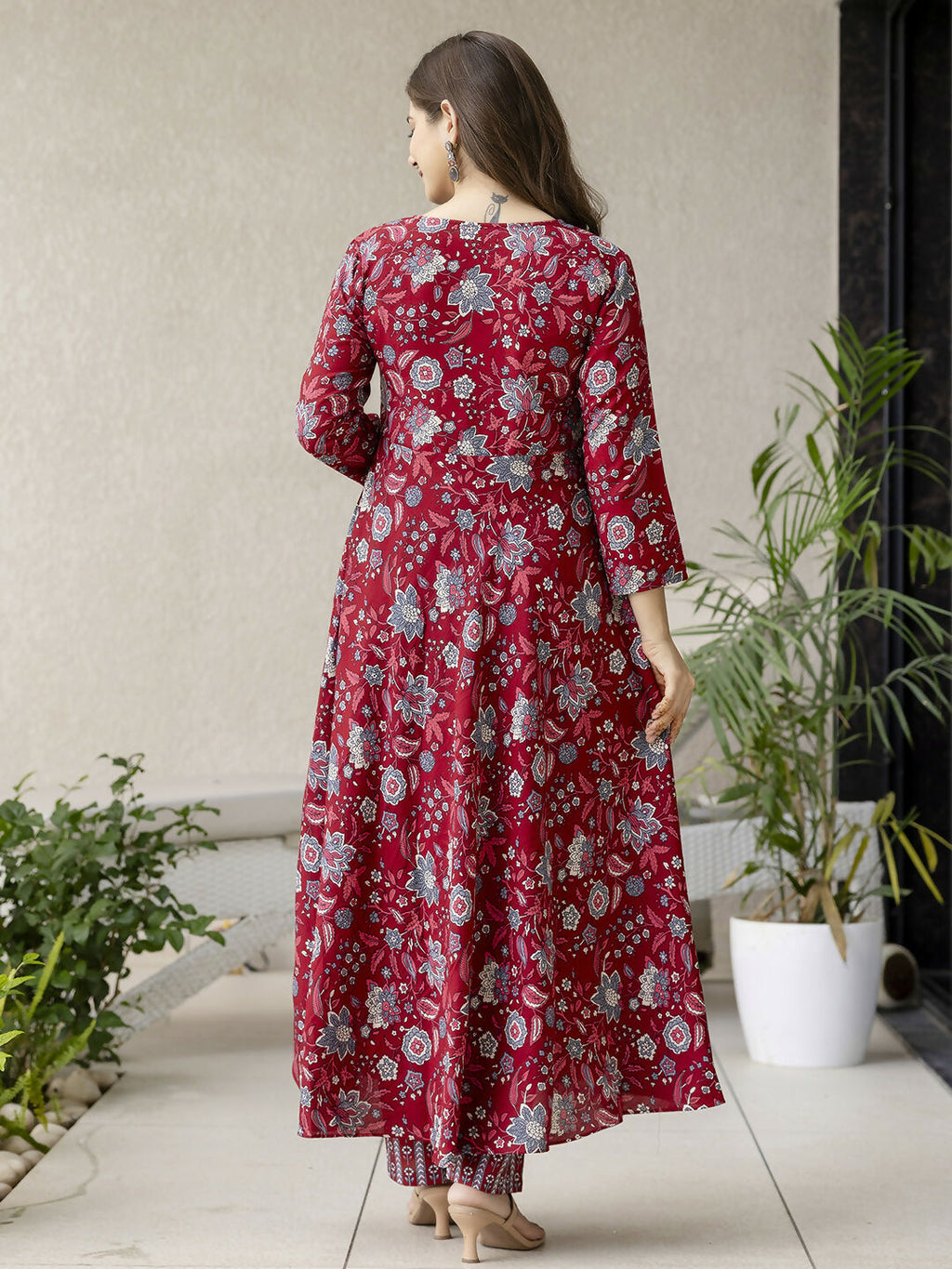 The52 Maroon Women's Gorgeous Rayon Fabric Printed Work Flared Kurta, Pant and Dupatta Set | Grocsy