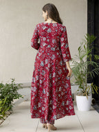 The52 Maroon Women's Gorgeous Rayon Fabric Printed Work Flared Kurta, Pant and Dupatta Set | Grocsy