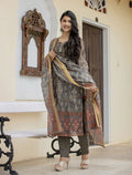 Kaajh Women's Grey-Green Digital Print Chanderi Kurta Pant Set With Dupatta | Grocsy