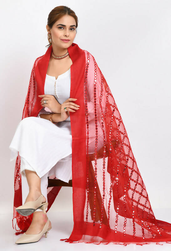Mominos Fashion Moeza Women's Orgenza Mirror Stripe Thread Work Red Dupatta | Grocsy