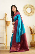 DEIANA'S Beautiful Designer Golden zari Soft Lichi Silk Saree - Firozi | Grocsy