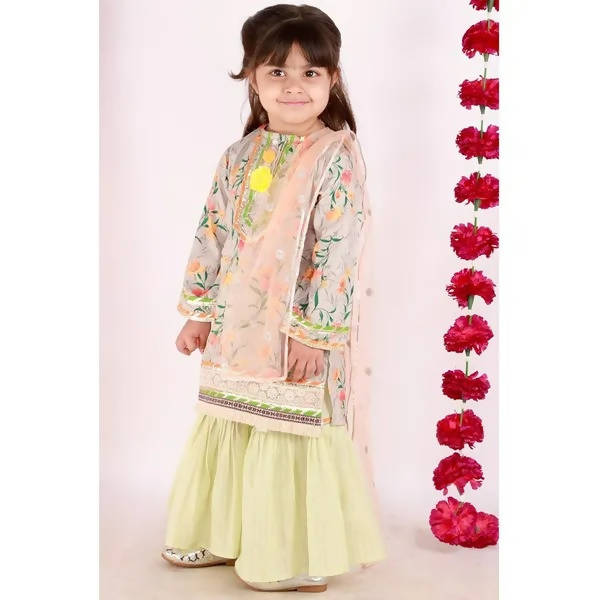 Little Bansi Girls Green Color Floral and lace Work Kurta with Sharara and Dupatta | Grocsy