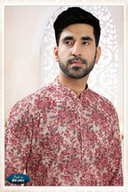 Joban Fashion Men's Pinkish Red Straight Rayon Thread Embroidery All Over Kurta Set | Grocsy