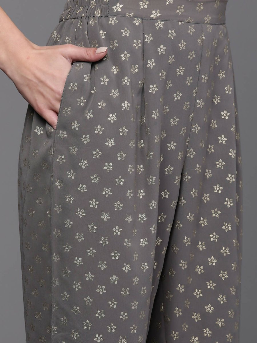 Ahalyaa Women Ethnic Motifs Printed Pleated Sequinned Kurta with Trousers - Grey Color | Grocsy