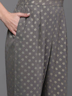 Ahalyaa Women Ethnic Motifs Printed Pleated Sequinned Kurta with Trousers - Grey Color | Grocsy