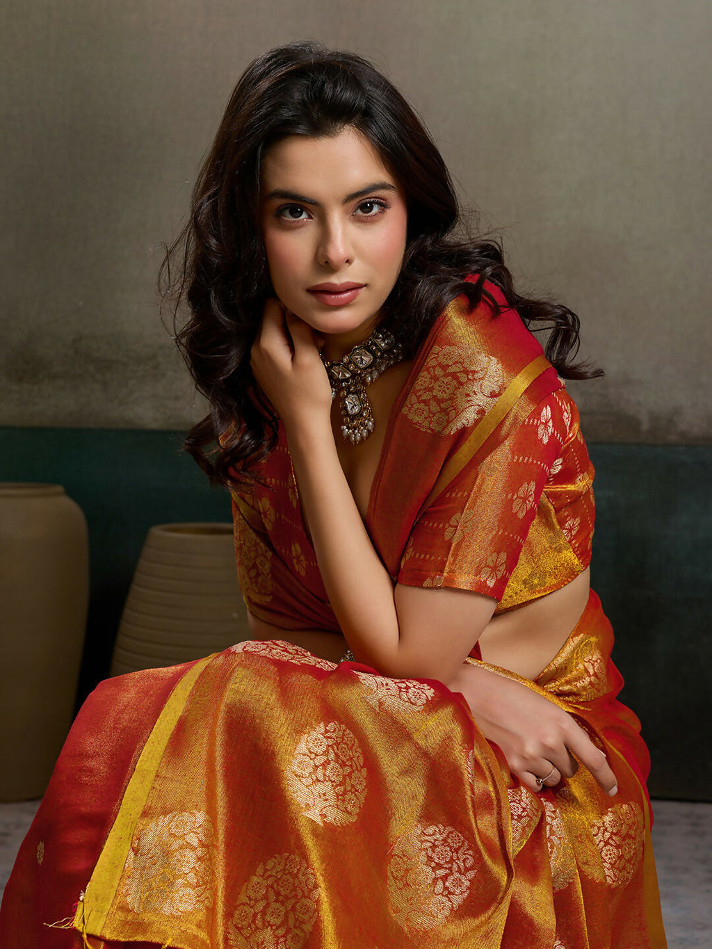 Shree Shyam Fashion Orange Tissue Silk Saree | Grocsy