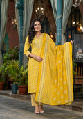 Juniper Women's Mustard Ethnic Motif Printed Cotton Kurta Pant And Dupatta Set With Mirror work & Sequins | Grocsy