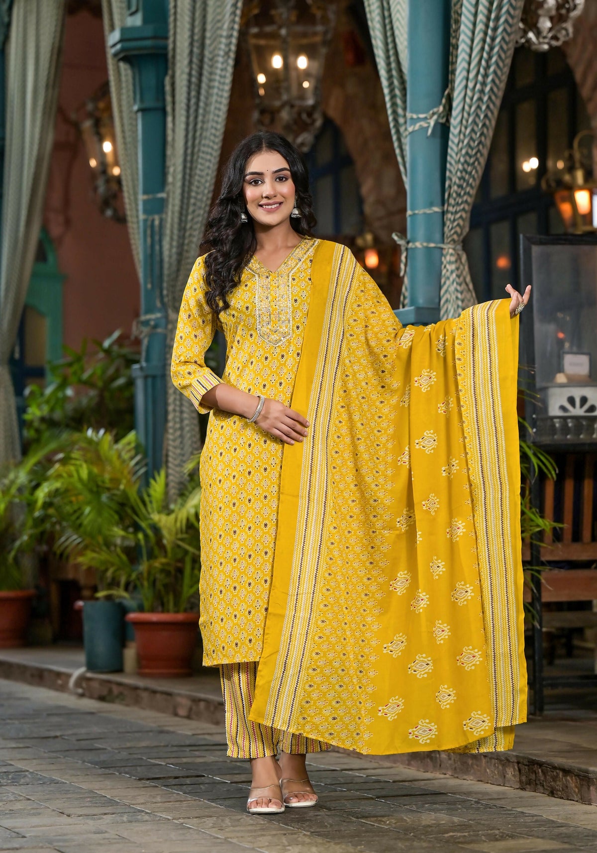 Juniper Women's Mustard Ethnic Motif Printed Cotton Kurta Pant And Dupatta Set With Mirror work & Sequins | Grocsy