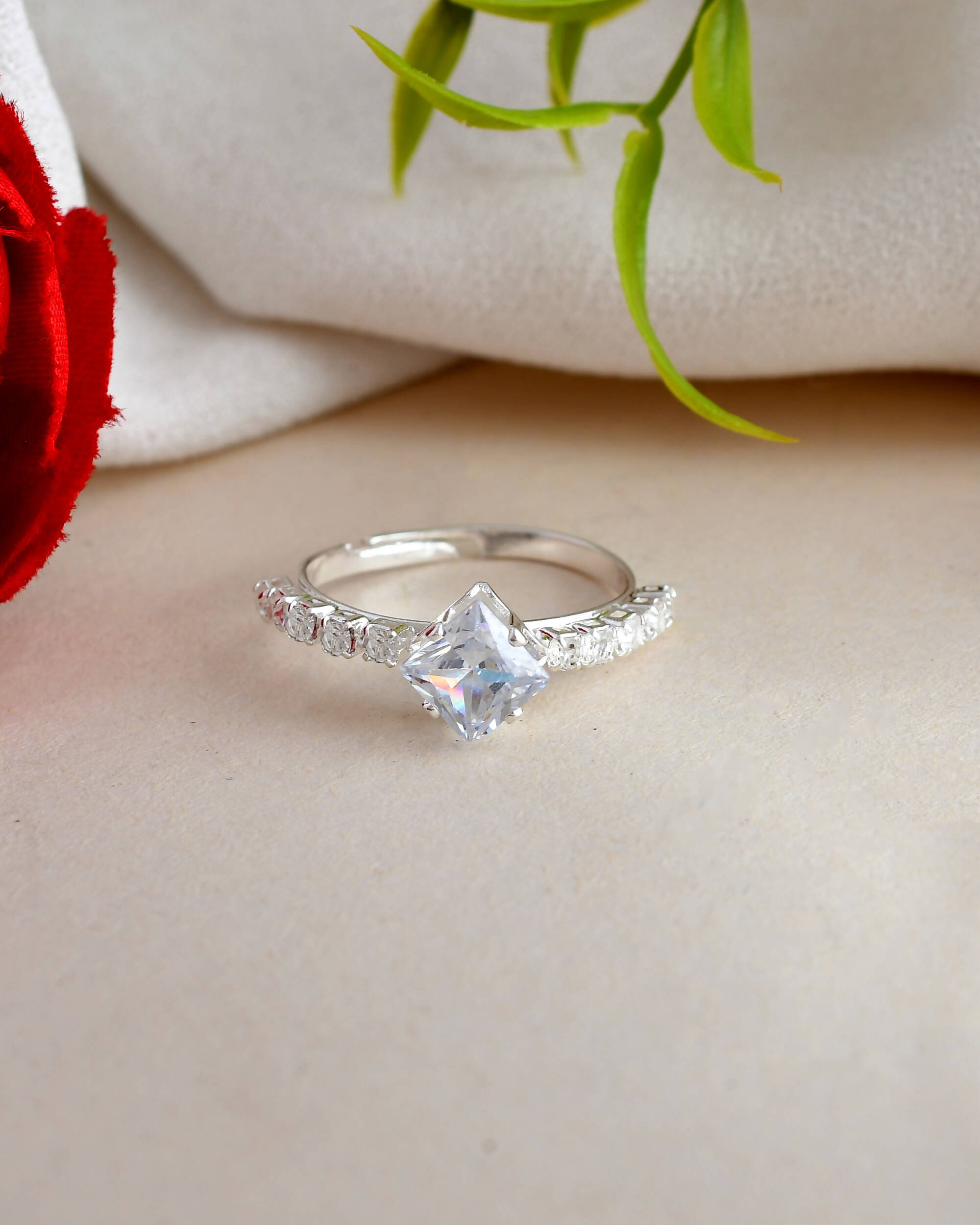 VOJ white CZ-detail Stainless Steel Cubic Zirconia Silver Plated Adjustable Finger Ring | Grocsy
