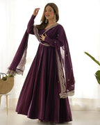 Lehenga Mart Designer Anarkali Suit With Kurta, Pant, Dupatta For Women-Wine | Grocsy