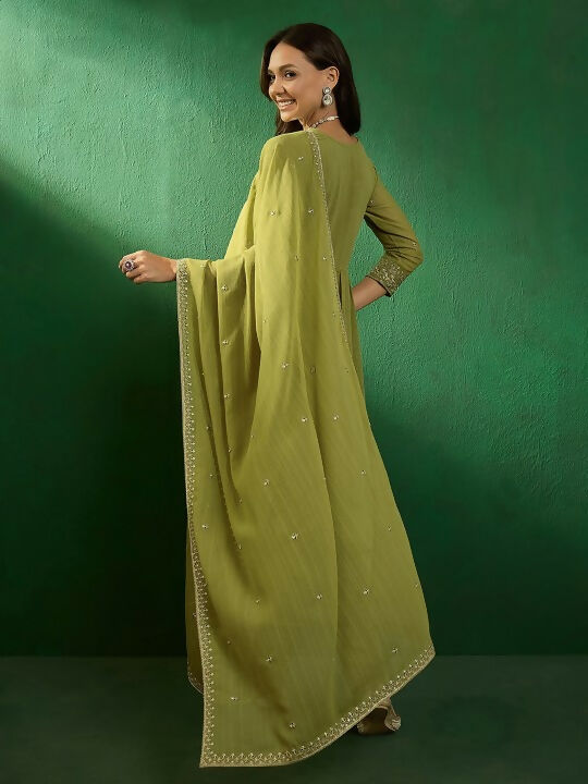 The52 Women's Beautiful Georgette Fabric Embroidery Work Straight Kurta Pant and Dupatta Set | Grocsy