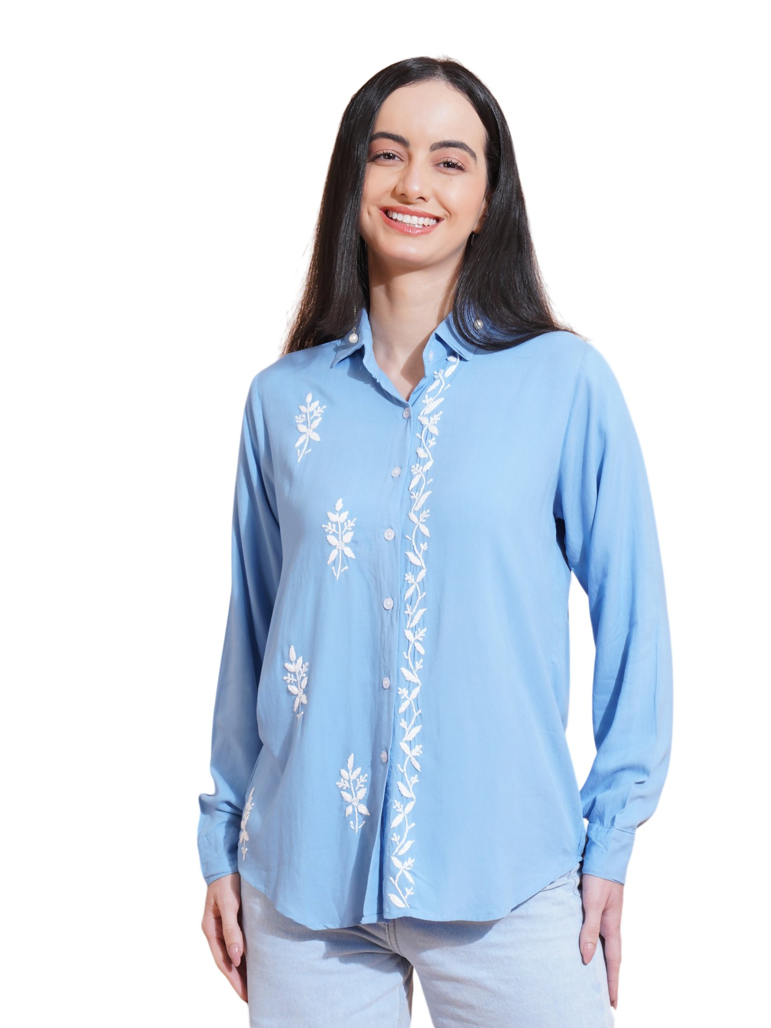 Pahnaz Modal Chikankari Handwork Shirt-Blue | Grocsy