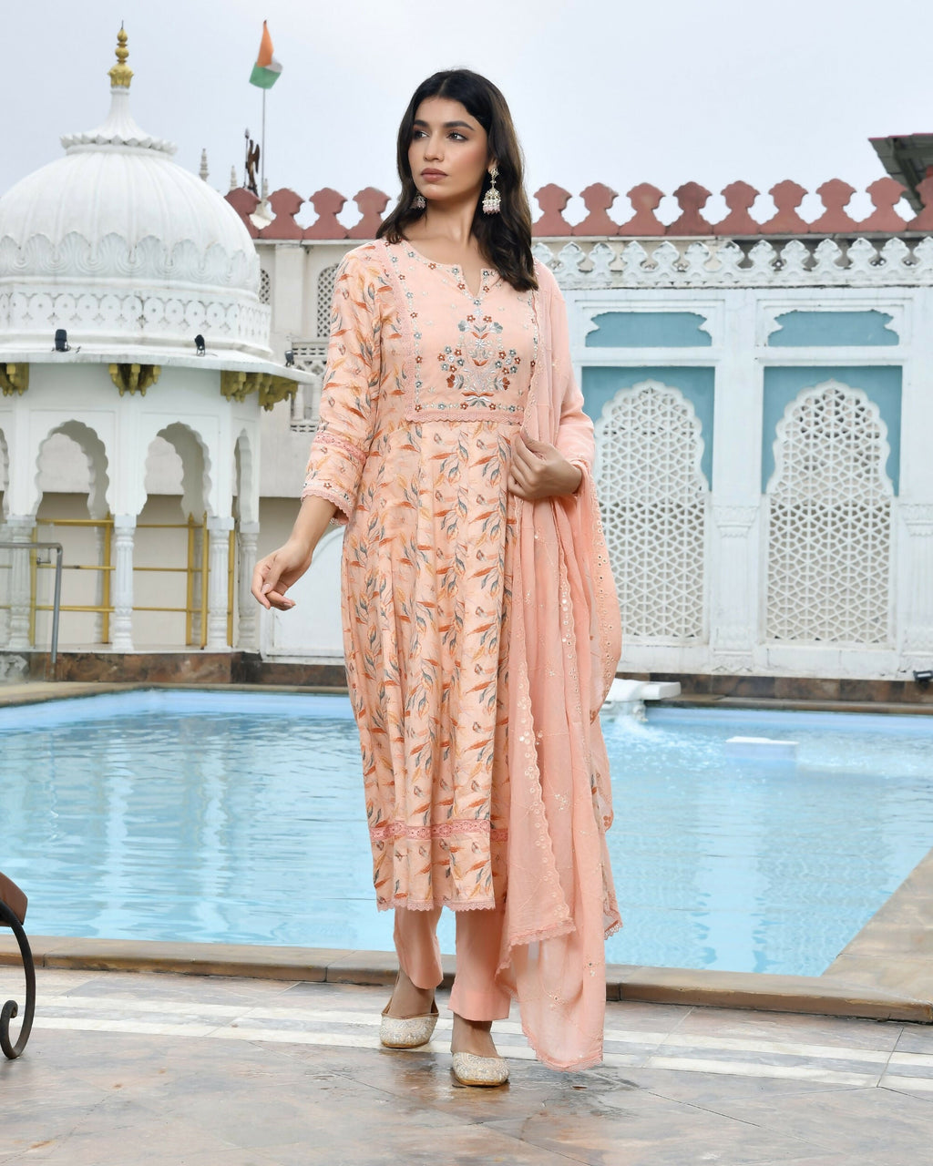 Vaasva Women's Peach Cotton Anarkali Set With Solid Pant And Embroidered Dupatta | Grocsy