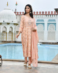 Vaasva Women's Peach Cotton Anarkali Set With Solid Pant And Embroidered Dupatta | Grocsy