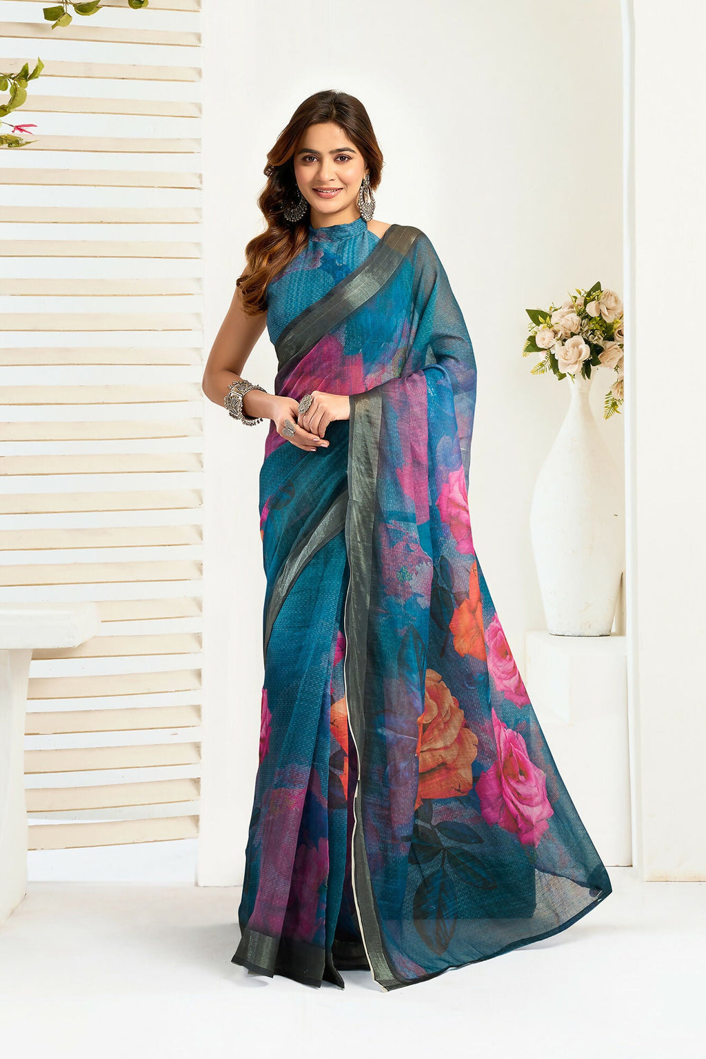 Vastranavya Teal Digital Printed Linen Ready To Wear Designer Saree with Unstitched Blouse | Grocsy