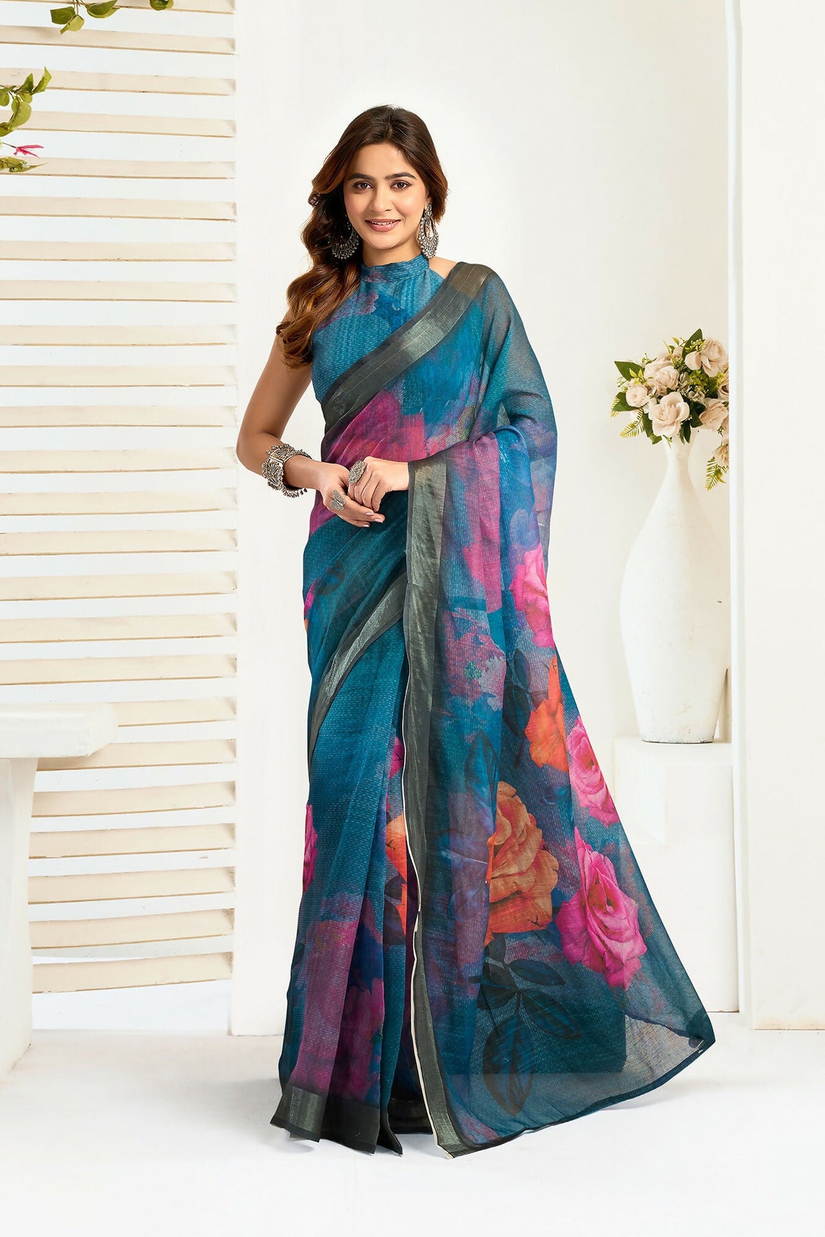 Vastranavya Teal Digital Printed Linen Ready To Wear Designer Saree with Unstitched Blouse | Grocsy