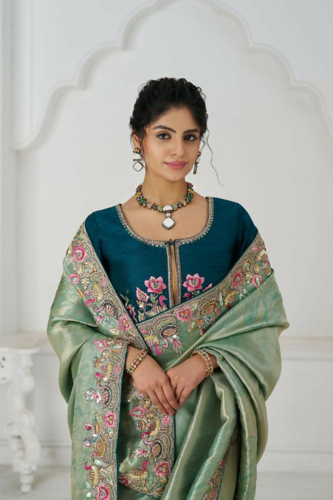 Kesar Fab Trending Reception Green Color With Multi-Thread Embroidery Saree | Grocsy