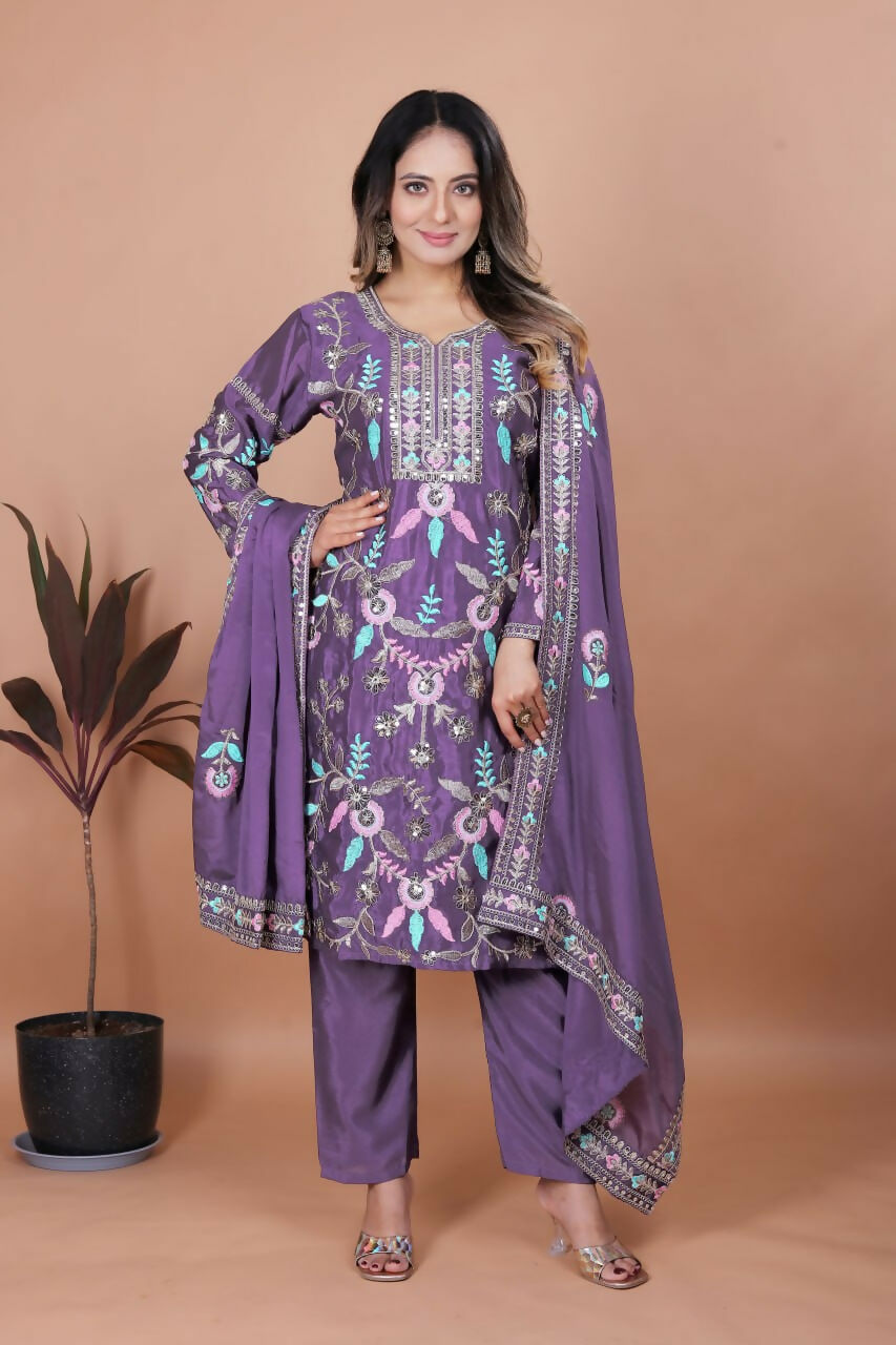 Joban Fashion Purple Silk Embroidered Kurti Set | Grocsy