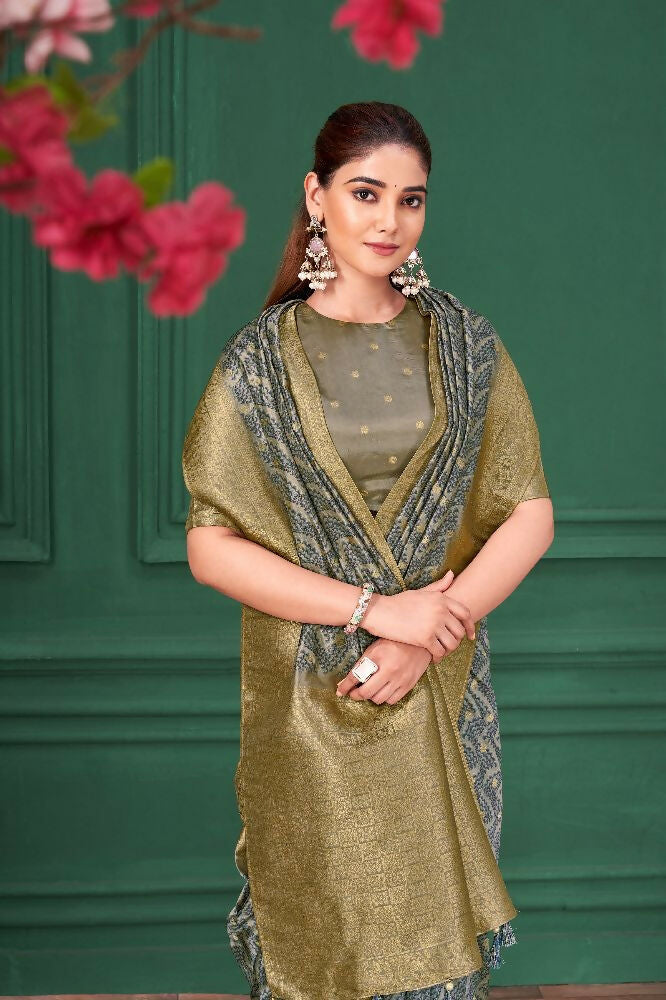 Grey Tussar Silk Jacquard Abstract Digital Print Saree with Unstitched Blouse - Mohira | Grocsy