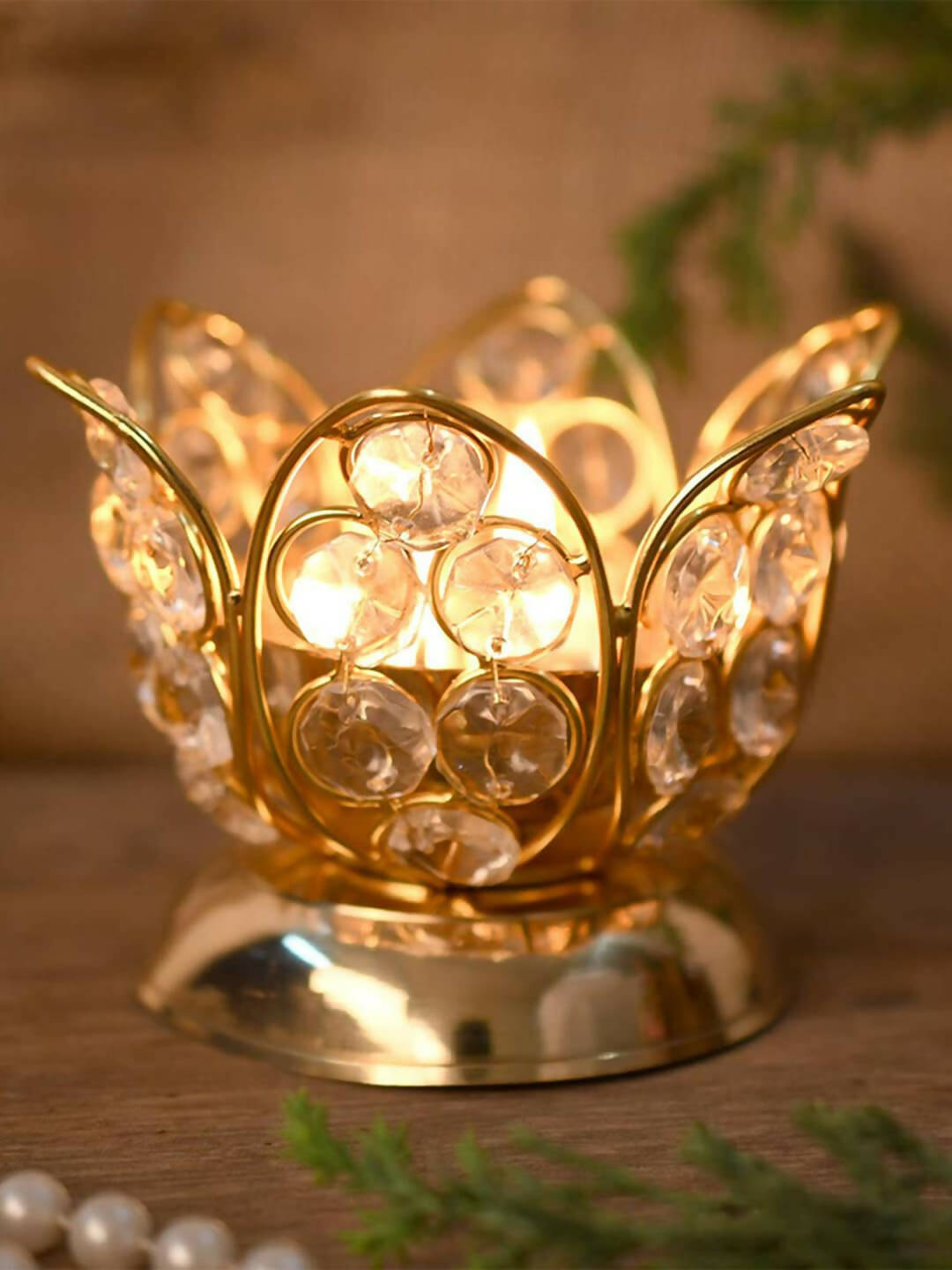 CraftVatika Gold Toned Crystal Lotus Shaped Diya | Grocsy