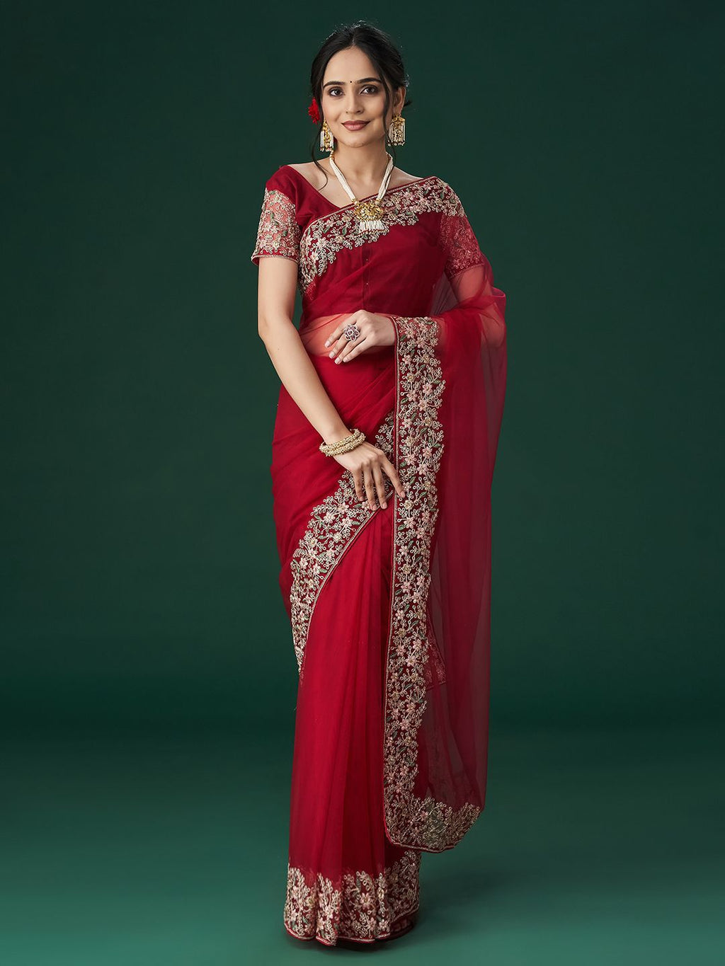kasee Women's Aari Work Embroidered Net Sarees | Grocsy
