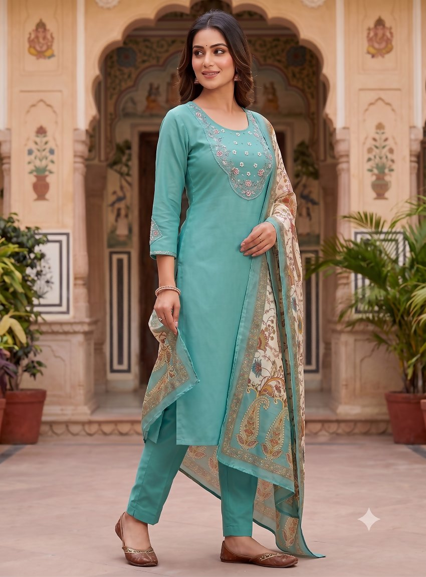 Teeya Creation Women Sky Green Embroidered Kurta Set With Dupatta | Grocsy
