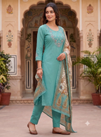 Teeya Creation Women Sky Green Embroidered Kurta Set With Dupatta | Grocsy