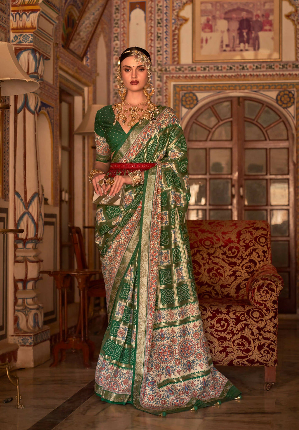 Dark Green P V Silk Digital Print, Zari Work Printed Saree - Rewaa Parampara | Grocsy
