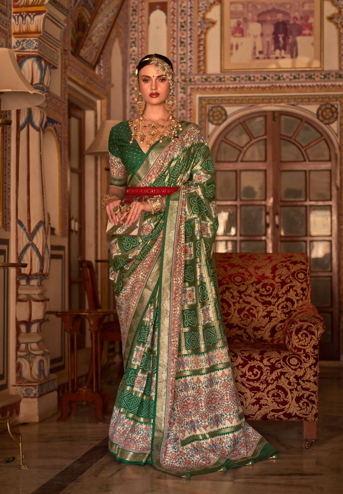 Dark Green P V Silk Digital Print, Zari Work Printed Saree - Rewaa Parampara | Grocsy