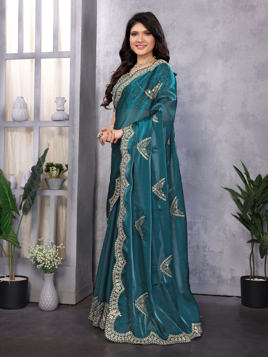 Vastranavya Teal Embroidery Work Shimmer Chiffon Saree with Unstitched Blouse | Grocsy