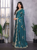 Vastranavya Teal Embroidery Work Shimmer Chiffon Saree with Unstitched Blouse | Grocsy