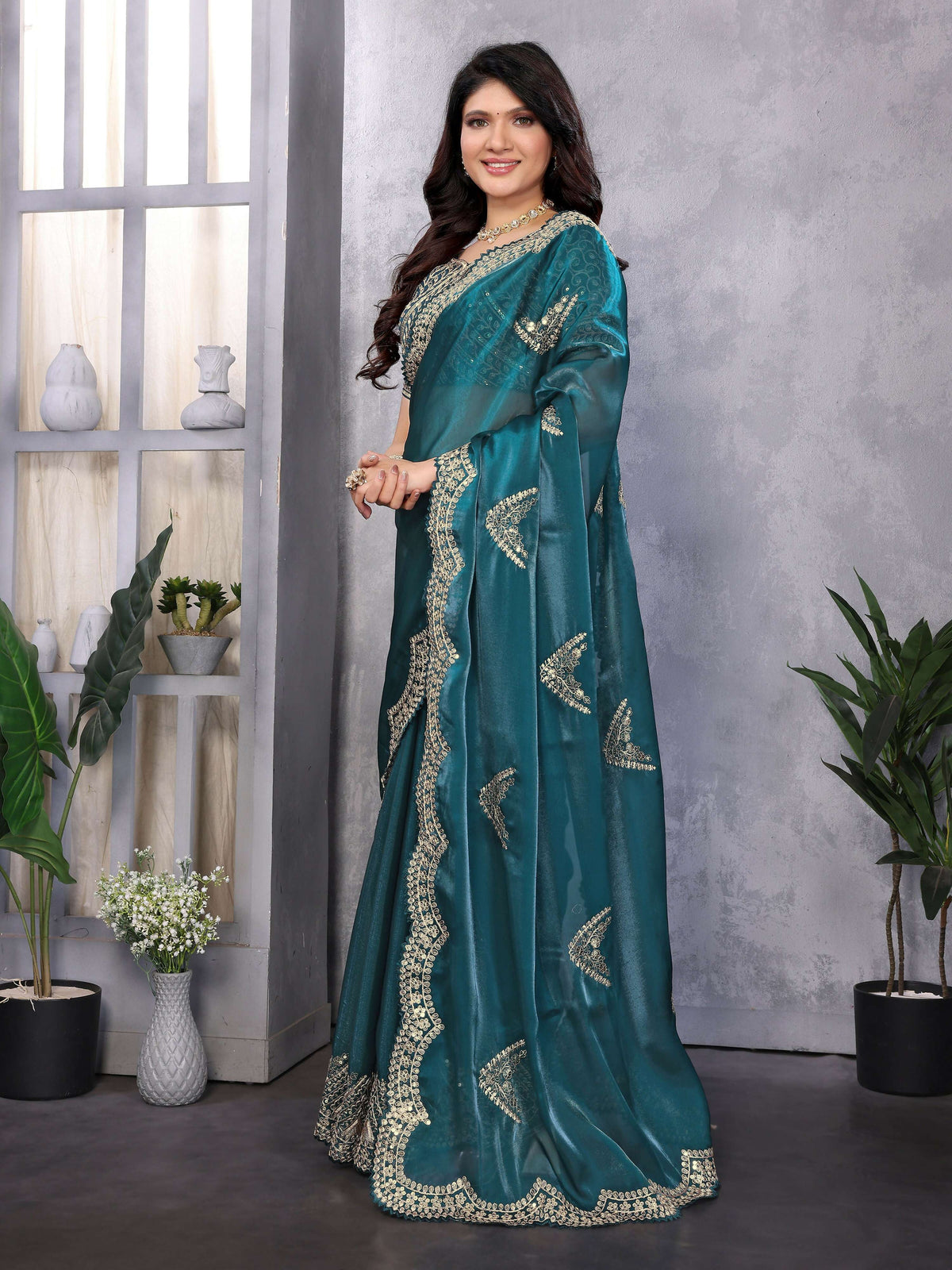 Vastranavya Teal Embroidery Work Shimmer Chiffon Saree with Unstitched Blouse | Grocsy