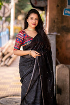 Black Pure Linen Ethnic Motifs Saree with Unstitched Blouse - Hiral Fashion | Grocsy