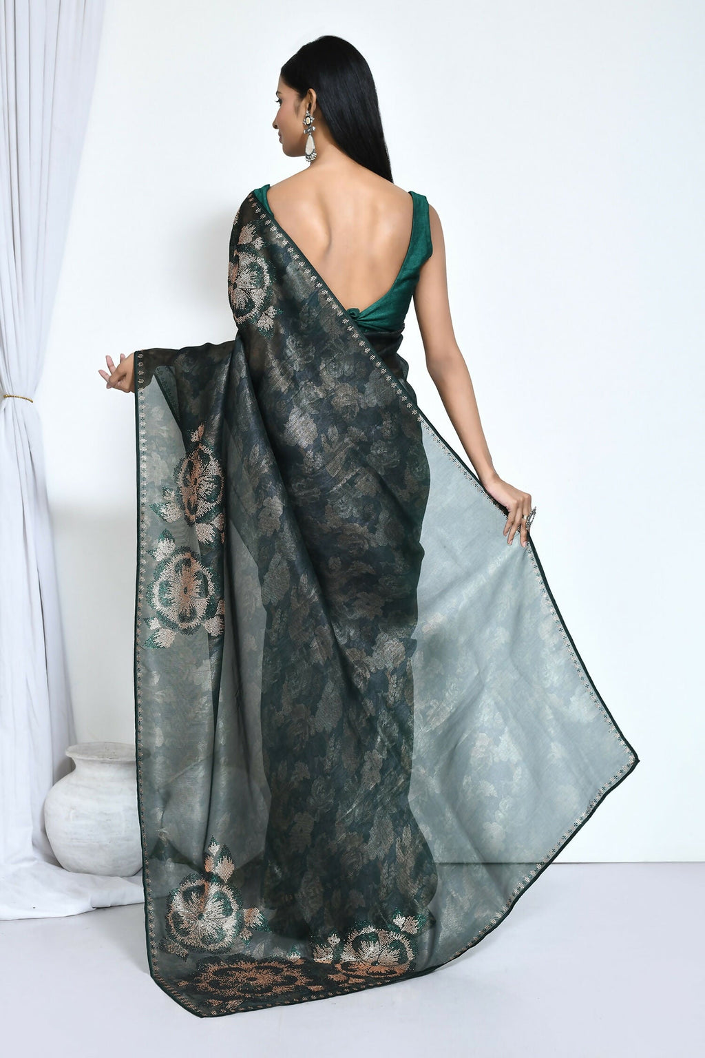 Green Satin Silk Foil Print Festive Saree - Nimaya Denzy | Grocsy