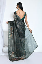 Green Satin Silk Foil Print Festive Saree - Nimaya Denzy | Grocsy