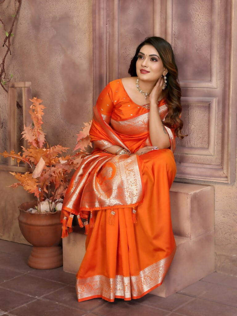 Anaita Dark Orange Banarasi Silk With Beautiful Gala Weaving Saree With Blouse | Grocsy