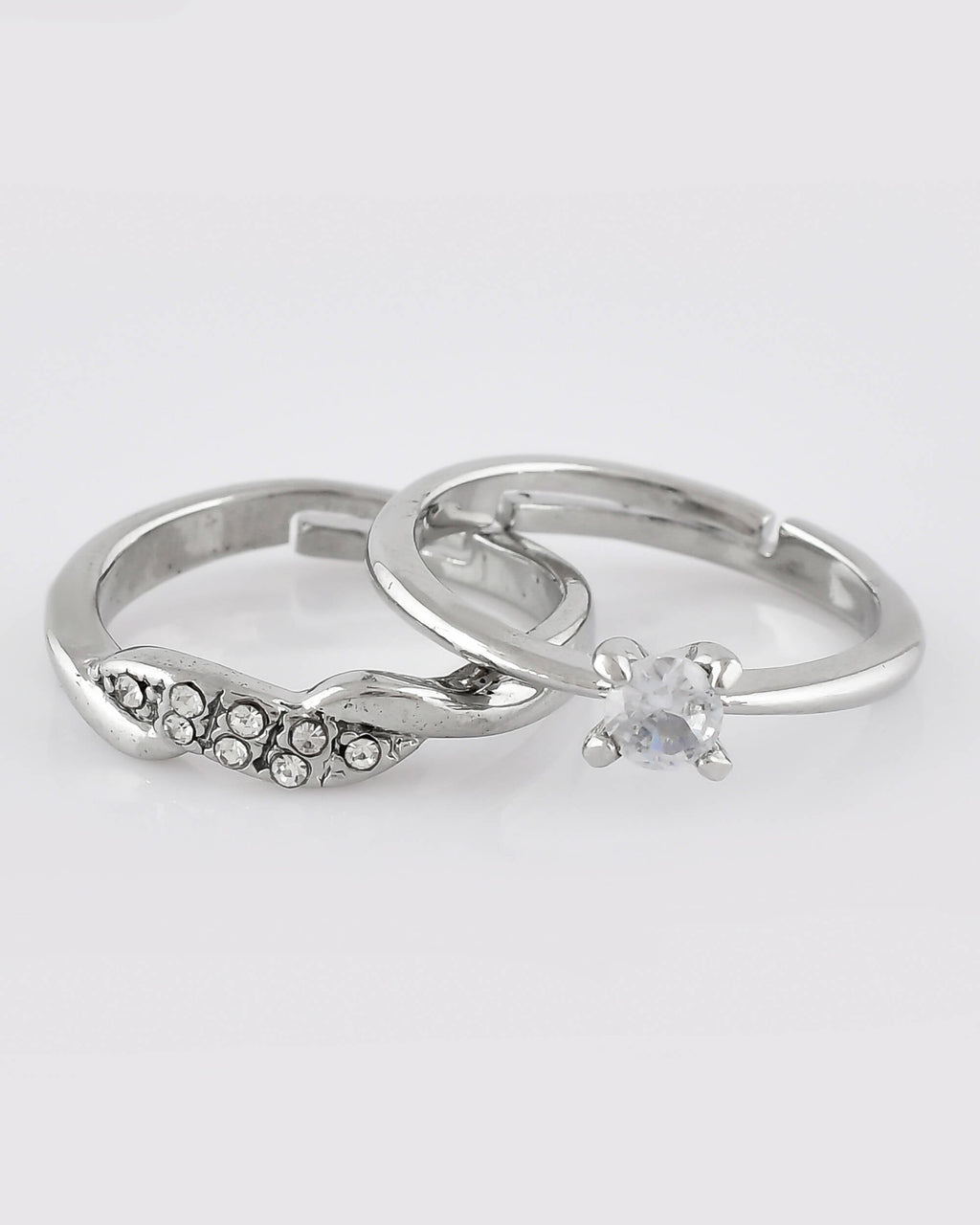 VOJ Stainless Steel Cubic Zirconia Silver Plated Adjustable Ring Set for Couple | Grocsy