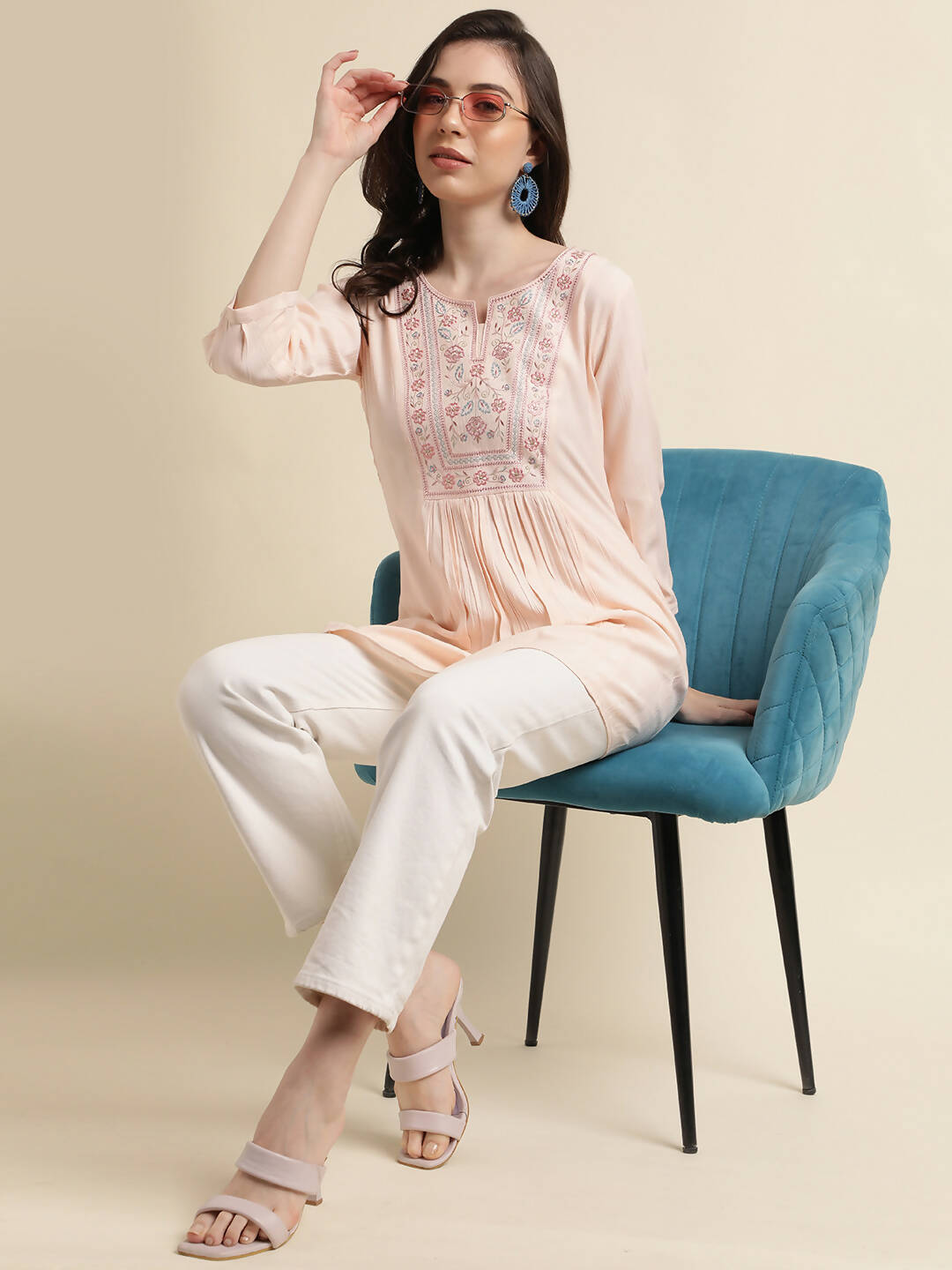 Peach Viscose Rayon Yoke Embroidered A-line Top - Tarini | Grocsy