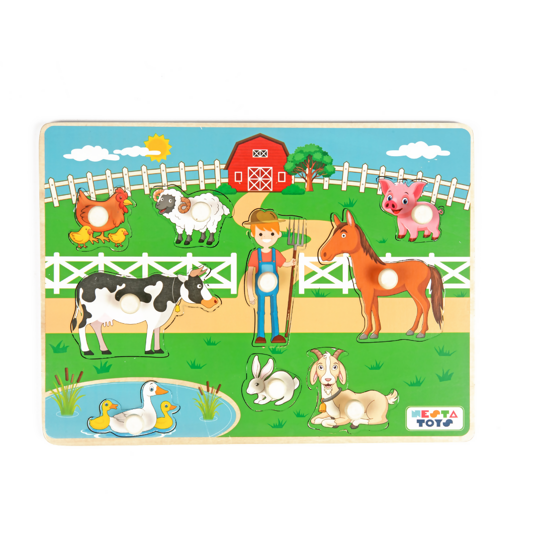 Nesta Toys Wooden Farm Animal Knob Puzzle (8 Pcs) | Grocsy