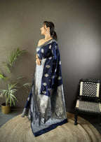Joban Fashion Navy Blue Floral Motifs Soft Silk Banarasi Saree | Grocsy