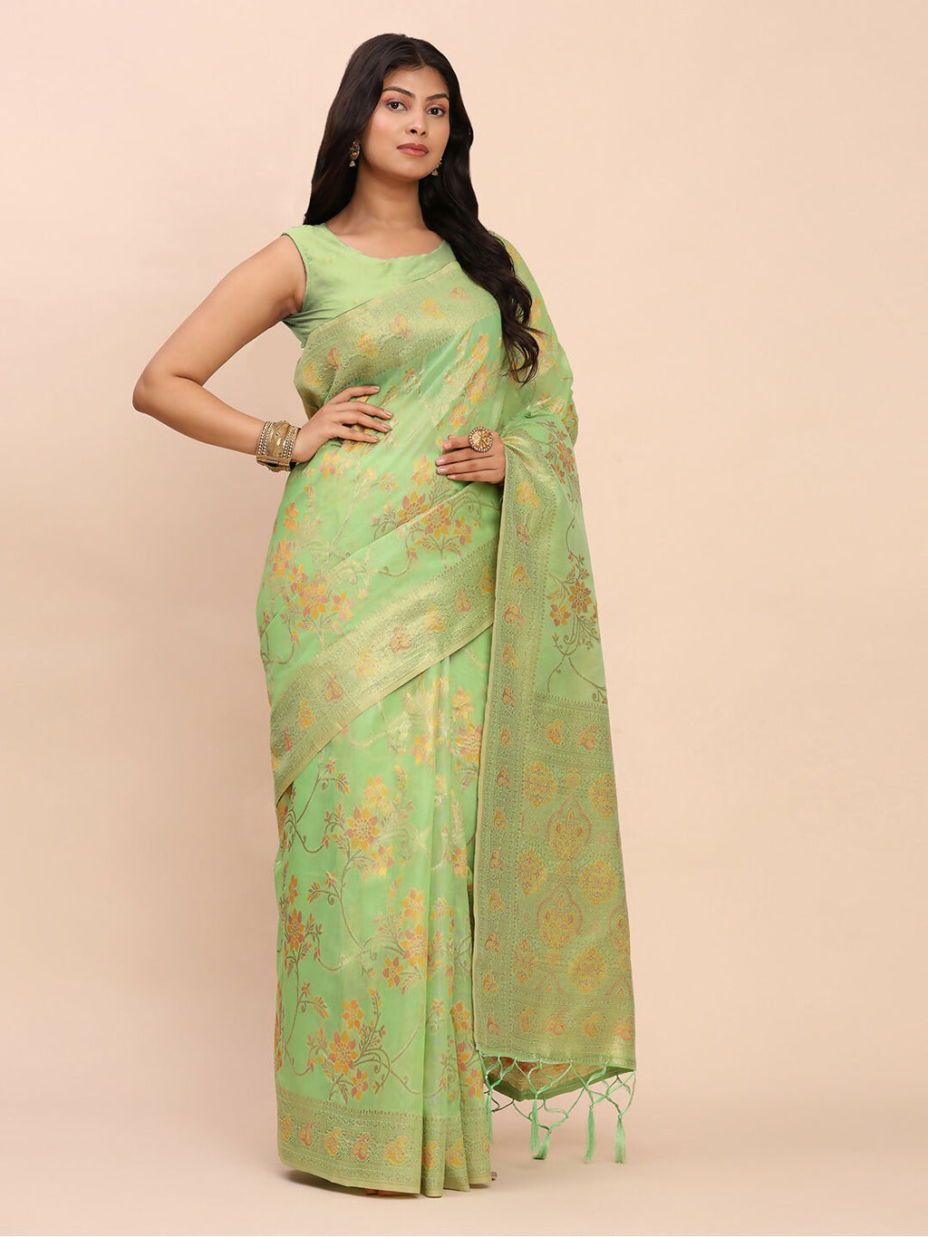 Shree Shyam Fashion Linen Cotton Green Saree | Grocsy