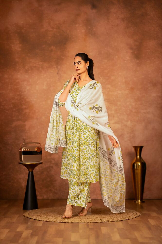 Joban Fashion Yellow Hand Block Printed Cotton Suit Set | Grocsy