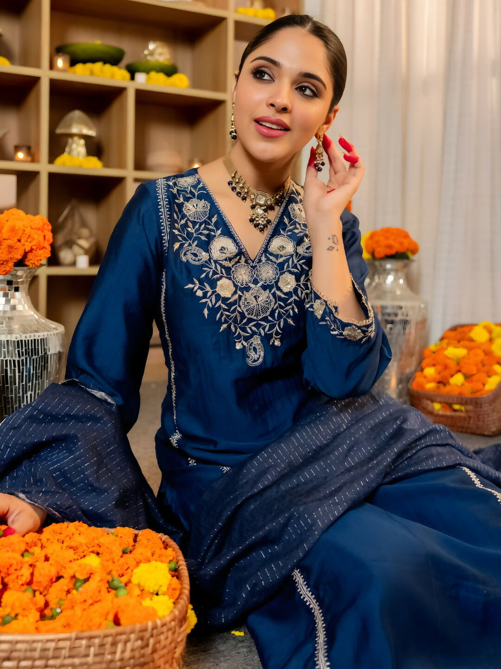The52 Women's Beautiful Viscose Silk Fabric Embroidery Work A-Line Kurta Pant and Dupatta Set | Grocsy